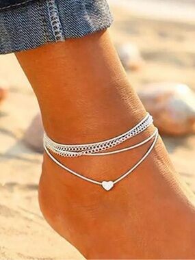 NEW Silver Heart Anklet Layered Set